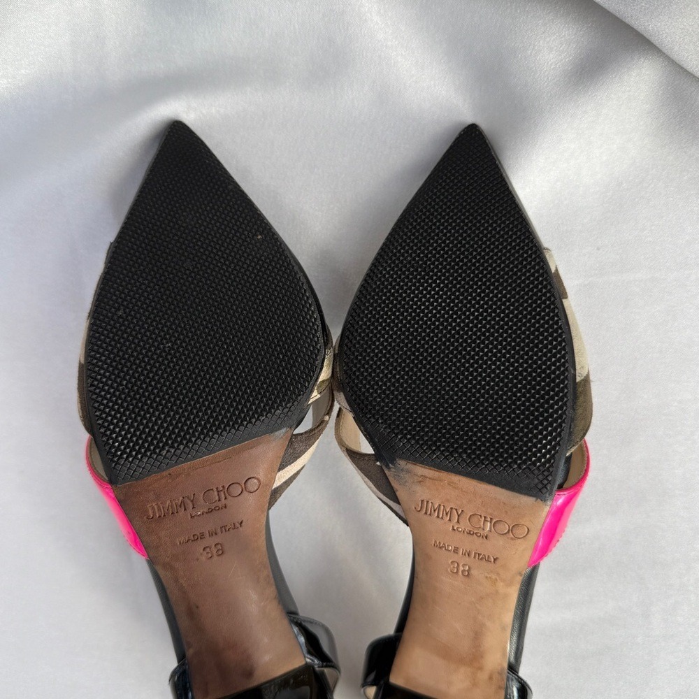 Jimmy Choo Patent Leather Printed D'Orsay Pumps Suede Camo Print Band Size 38 - Picture 7 of 13